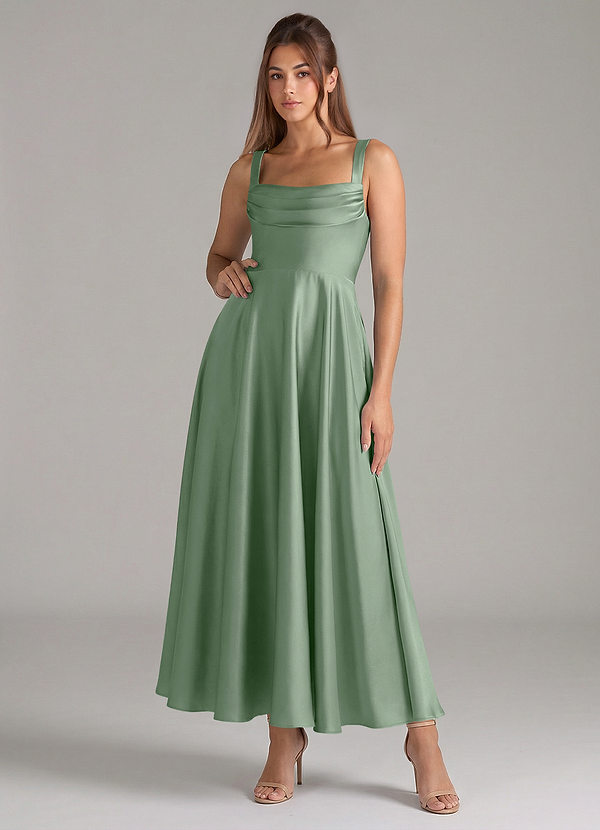 Azazie Shaude Bridesmaid Dresses Matcha A-Line Pleated Stretch Satin Dress image1