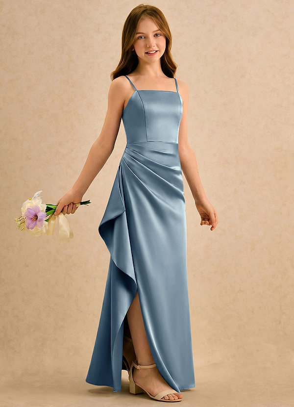 Azazie Cannoli Girls Formal Blomsterpigekjoler A-Line Plisseret Stræk satin Gulv-længde Kjole image1