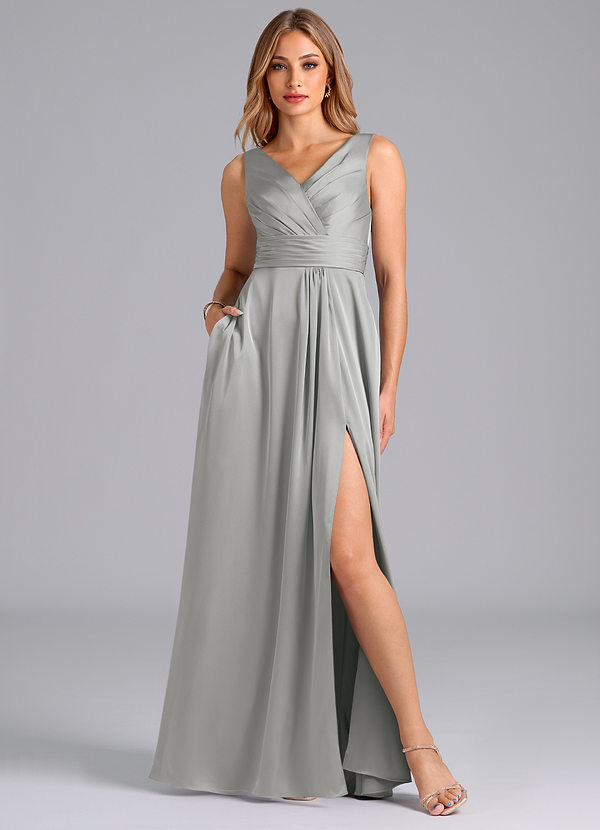 Azazie Karina Bridesmaid Dresses Silver A-Line Pleated Stretch Satin Dress image1