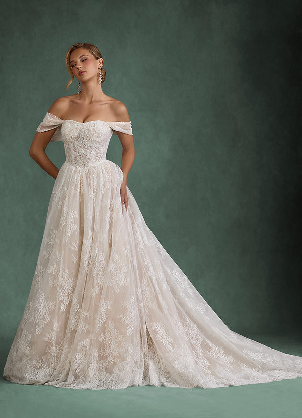 Azazie Justice Wedding Dresses Diamond White Champagne Ball-Gown Off the Shoulder Lace Dress image1