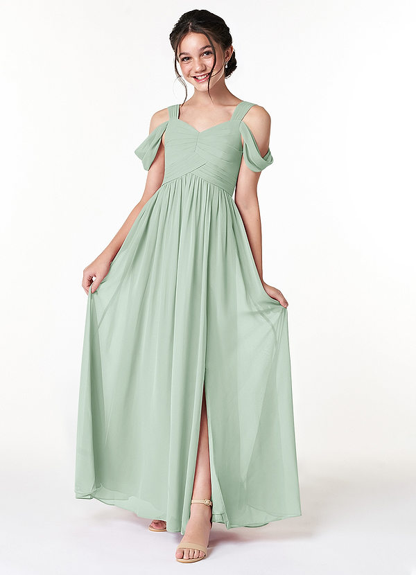 Azazie Lianne Junior Agave A-Line Off the Shoulder Chiffon Dress image1