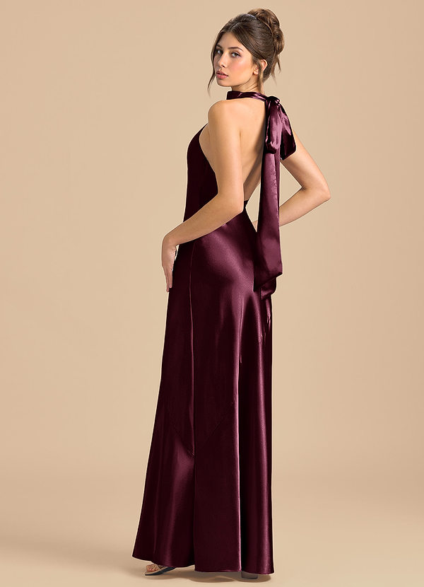 Azazie Velli 신부 들러리 드레스 쉬스 하이넥 메탈릭 새틴 바닥 길이 드레스 image1