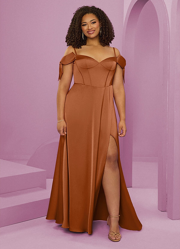 Barbie ♥ Azazie Bridesmaid Dresses Copper A-Line Off the Shoulder Stretch Satin Dress image1