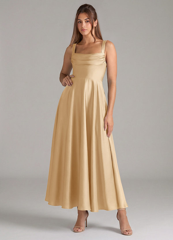 Azazie Shaude Bridesmaid Dresses Gold A-Line Pleated Stretch Satin Dress image1