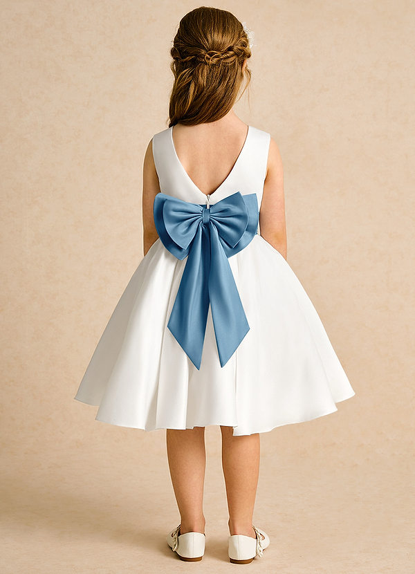 Azazie Sosie Flower Girl Dresses Ivory Steel Blue A-Line Pleated Matte Satin Dress image1