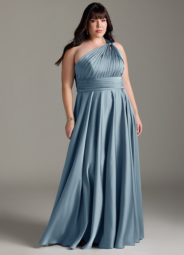 Azazie Charlize Bridesmaid Dresses Dusty Blue A-Line One Shoulder Stretch Satin Dress image1