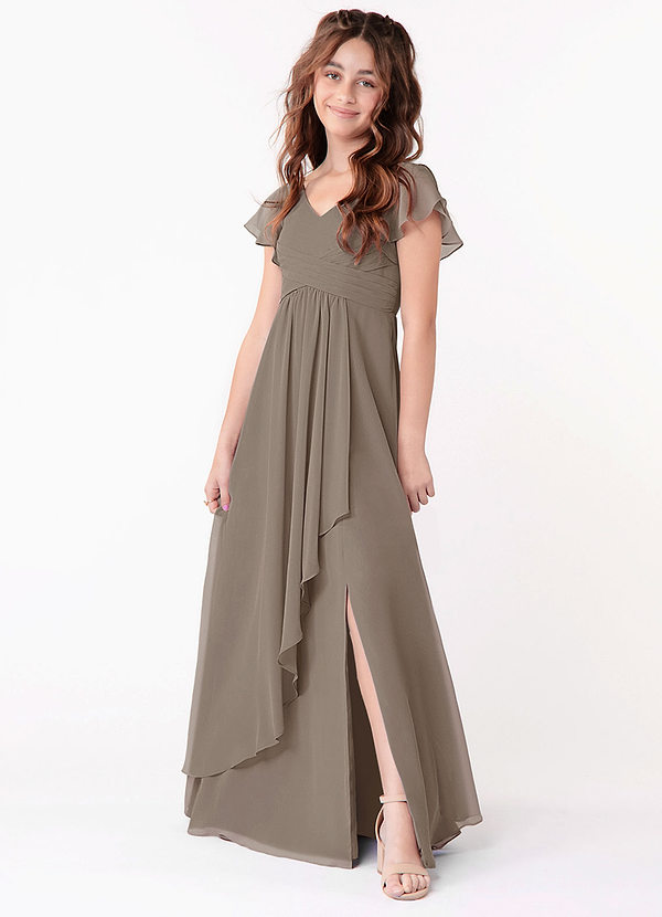 Azazie Omari Junior Taupe A-Line Ruched Chiffon Dress image1