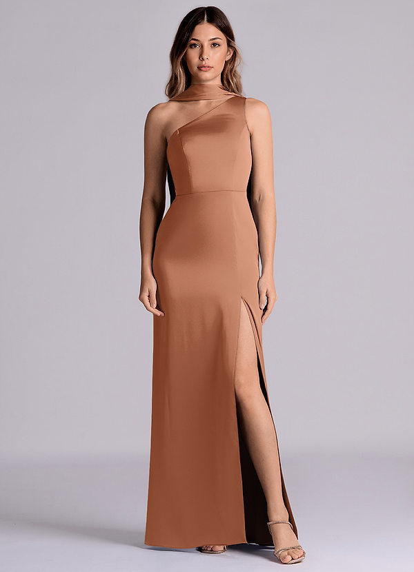 Azazie Philana 신부 들러리 드레스 A라인 한쪽 어깨 스트레치 새틴 바닥 길이 드레스 image1