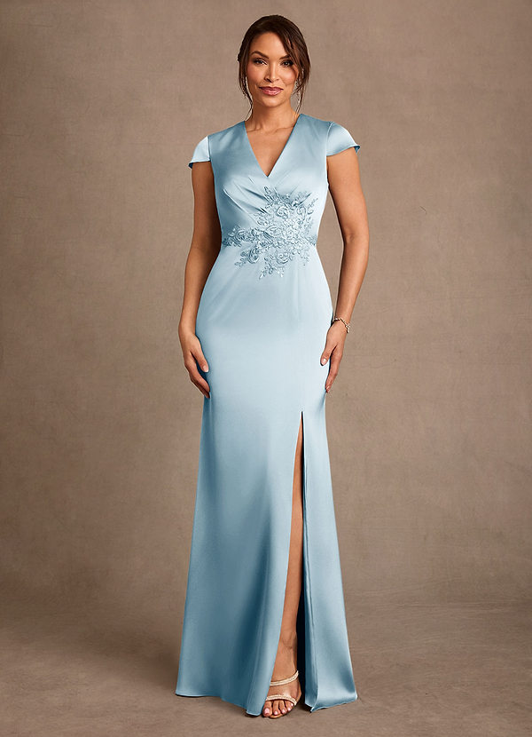 Azazie Rilda 신부의 어머니 드레스 쉬스 레이스 스트레치 새틴 플로어 길이 드레스 image1