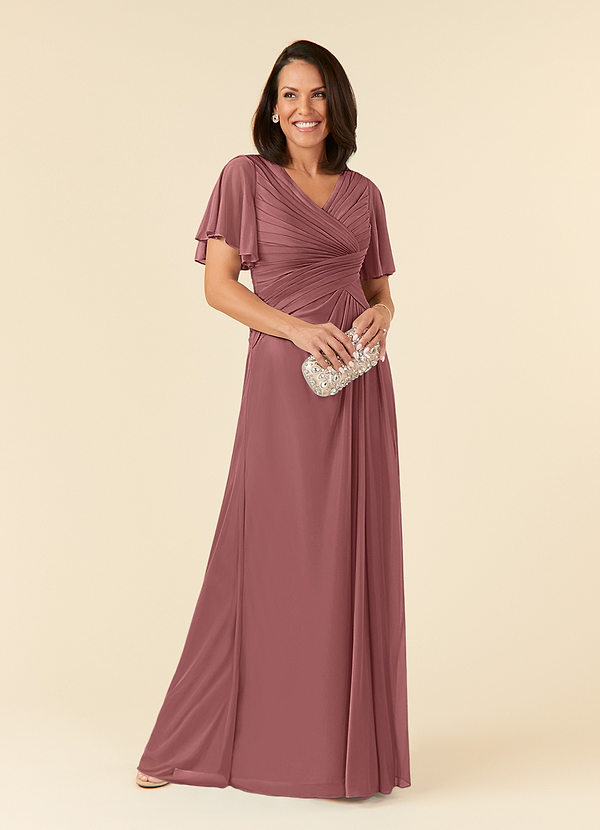 Azazie Emmeline Mother of the Brides Dresses Desert Rose A-Line V-Neck Pleated Mesh Dress image1