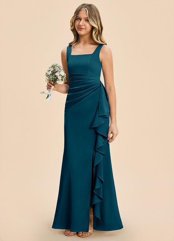 Azazie Adrienne Junior Ink Blue Sheath Pleated Stretch Satin Dress image1