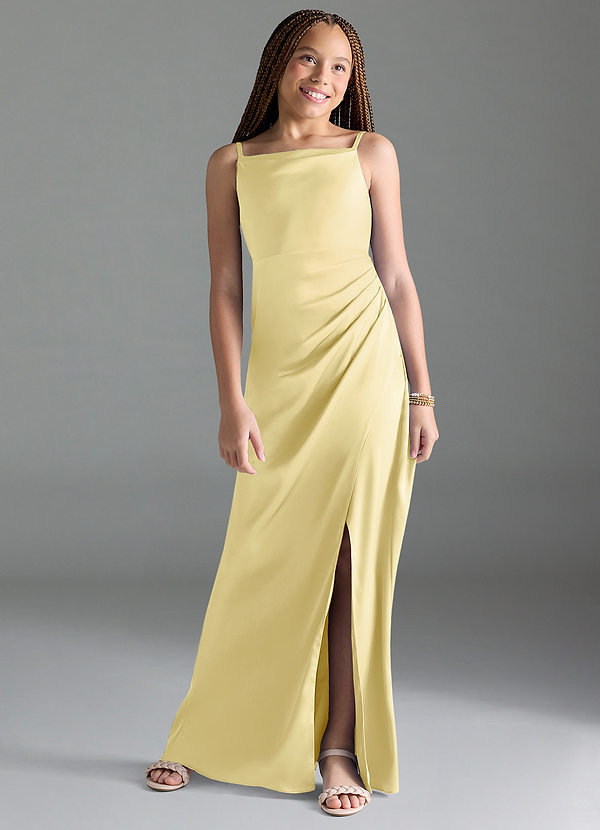 Azazie Leonis Junior Lemon Sorbet A-Line Pleated Stretch Satin Dress image1