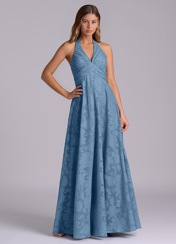 Azazie Tessie Vestidos de dama de honor Vestido de Azul Acero de Devorado Floral de Línea A con Plisado image1