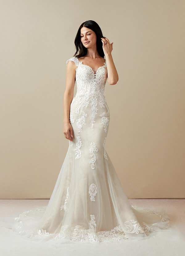 Azazie Roux Vestidos de Novia Vestido de Blanco Diamante Champán de Satén de Corte Sirena con Lentejuela image1
