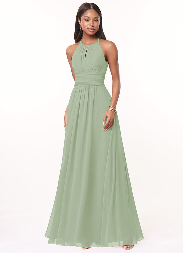 Azazie Bonnie Bridesmaid Dresses Dusty Sage A-Line Keyhole Ruched Chiffon Dress image1