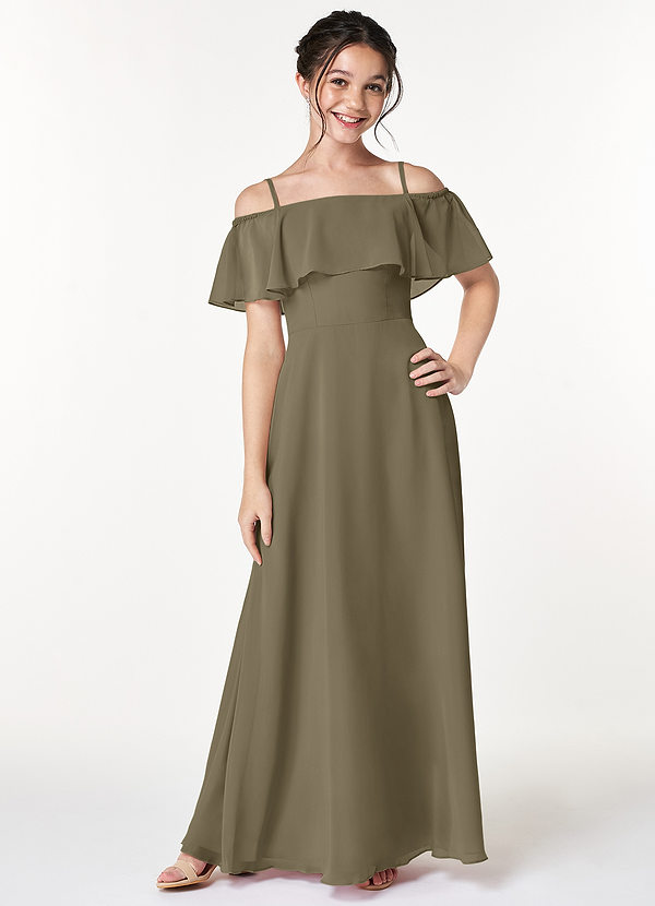 Azazie Maggie Junior Robe Trapèze en Mousseline de soie Épaule décolletée Vert Saule image1