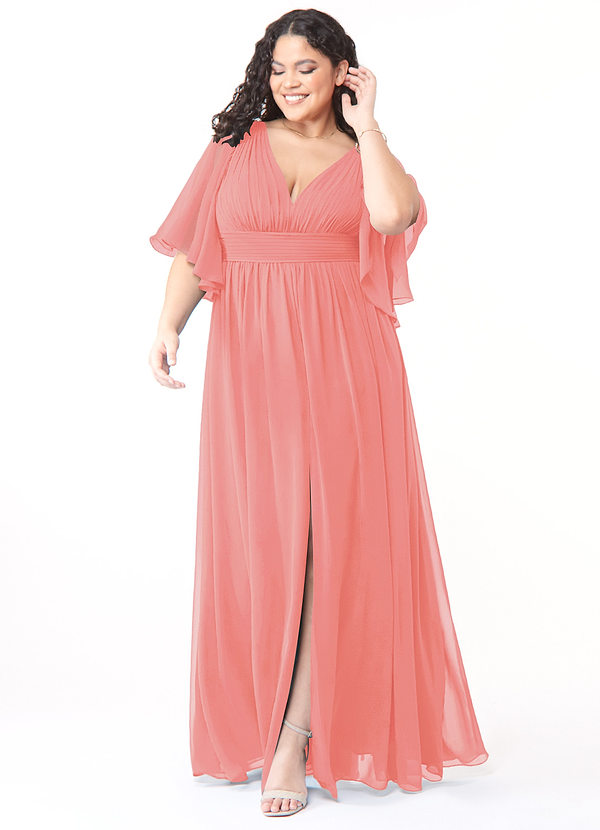 Azazie Temeka Robes Demoiselle d'honneur Robe Trapèze en Mousseline de soie Rayé Corail image1