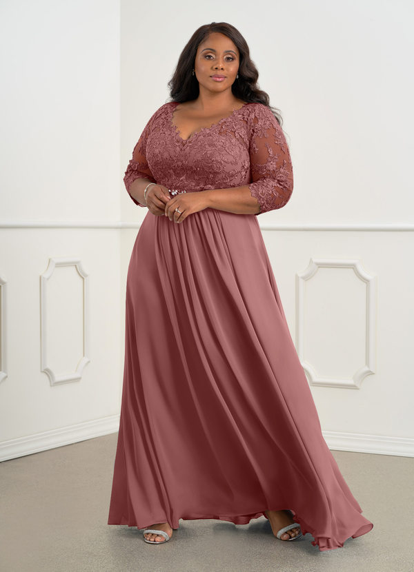 Azazie Hayek Mother of the Brides Dresses Desert Rose A-Line V-Neck Lace Chiffon Dress image1