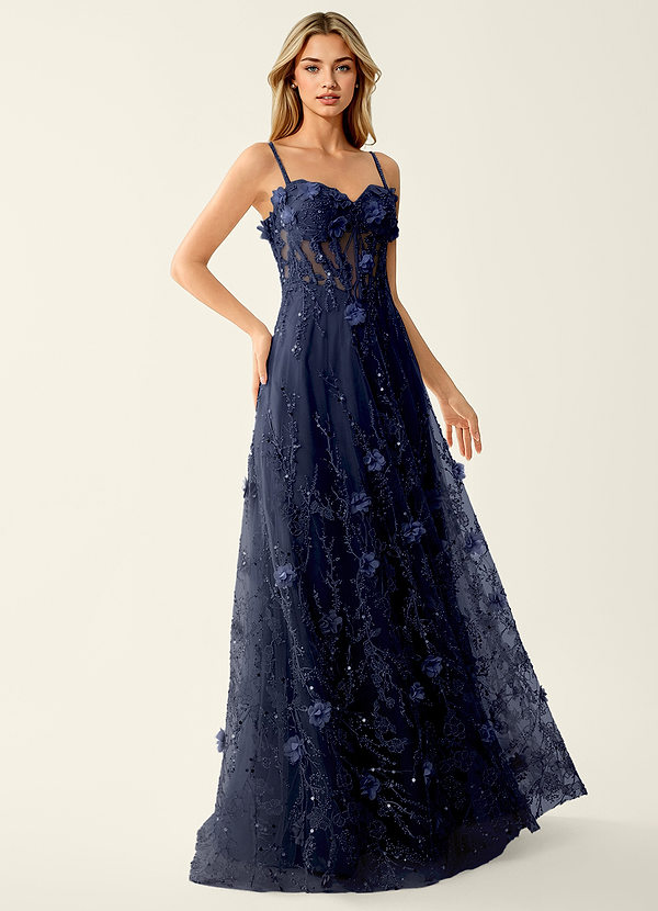 Thaliagici Navy 3D Flower Beading Sequins Mesh Prom Dress image1