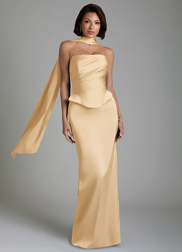 Azazie Harlow Robes de demoiselle d'honneur Robe Fourreau en Satin extensible Corset Or image1