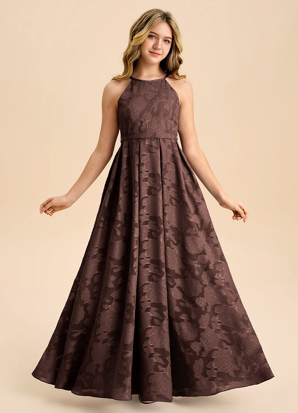 Azazie Arianthe Junior Abito A-Line in Burnout Floreale Plissettato Ganache image1