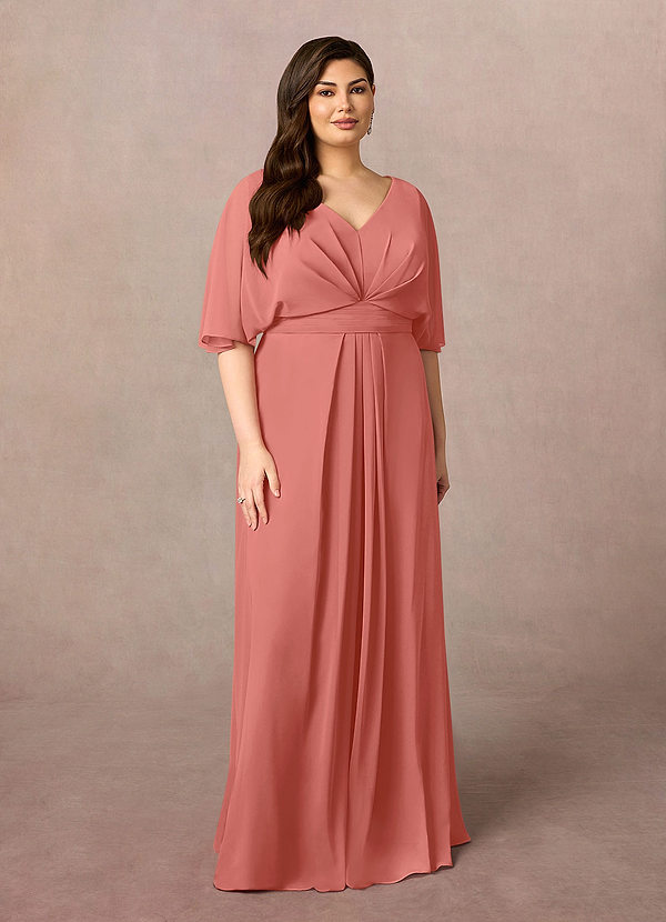 Azazie Oksana Mother of the Brides Dresses Salmon Pink A-Line V-Neck Pleated Chiffon Dress image1
