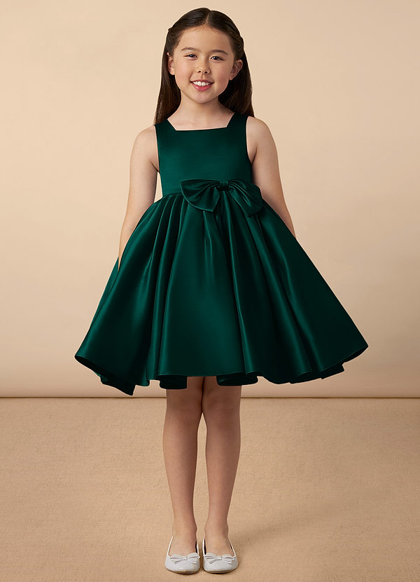 Azazie Bo Peep Flower Girl Dresses Pine A-Line Bow Matte Satin Dress image1