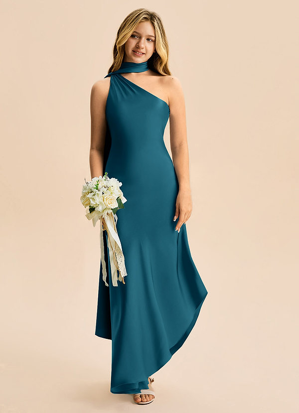 Azazie Briony Junior Ink Blue Sheath Pleated Stretch Satin Dress image1