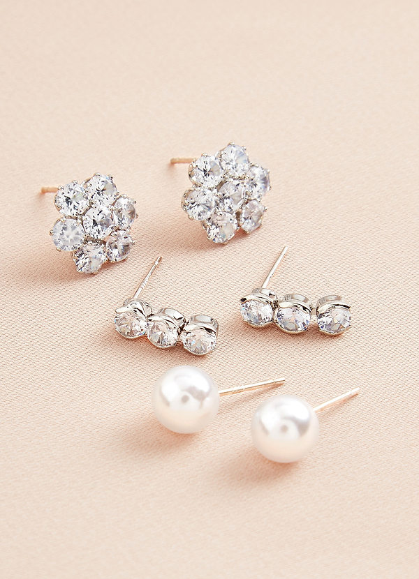 front Three-Piece Rhinestone and Pearl Stud Set