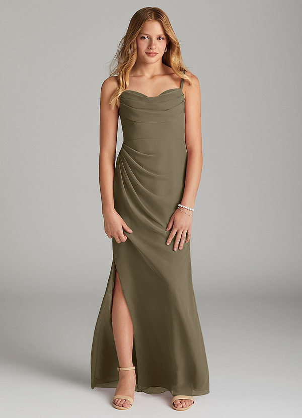 Azazie Mai Junior Willow Green Sheath Pleated Chiffon Dress image1
