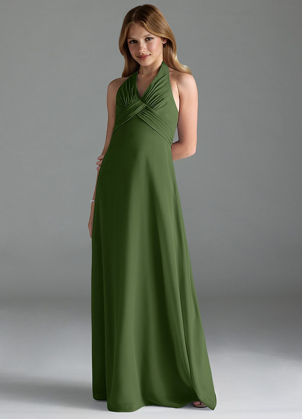 Azazie Tessie Junior A-Linie Plissee Chiffon Kleid Olivgrün image1