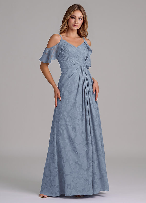 Azazie Dakota Abiti da Damigella Abito A-Line in Burnout Floreale a Spalla Scoperta Blu Polveroso image1