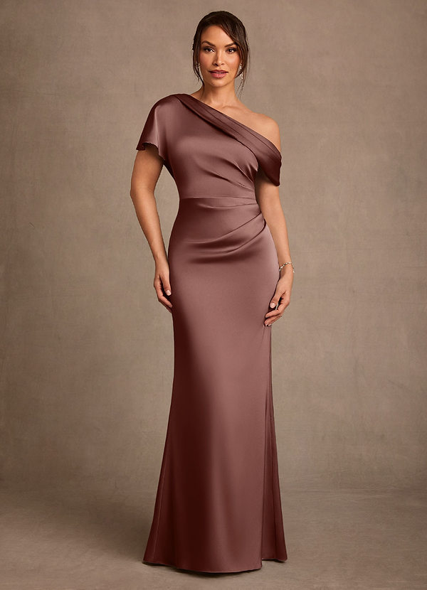 Azazie Rutha Brautmutterkleider Etui One-Shoulder Stretch-Satin Kleid Espresso image1