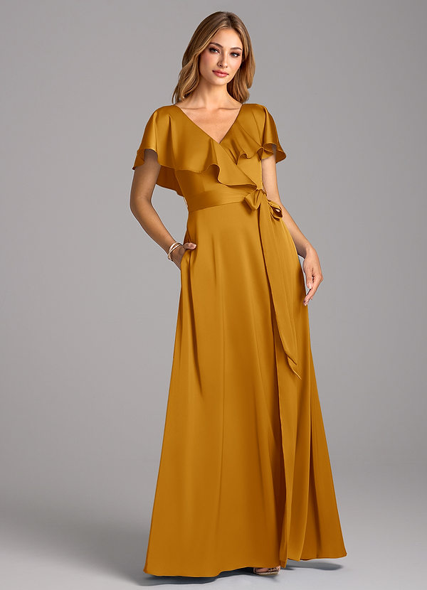 Azazie Lainey Bridesmaid Dresses Butterscotch A-Line with Pockets Stretch Satin Dress image1