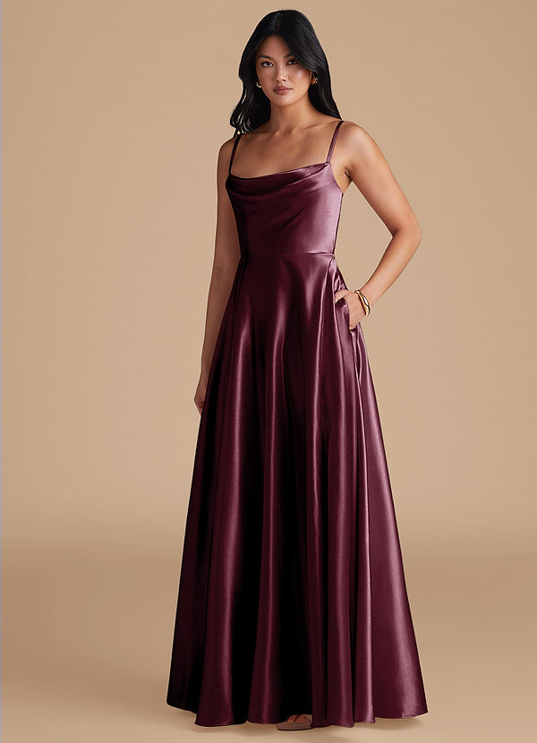 Azazie Elle Bridesmaid Dresses Cabernet A-Line with Pockets Metallic Satin Dress image1