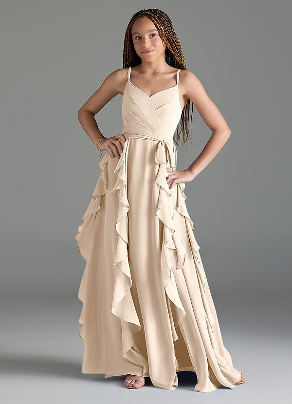 Azazie Peyton Junior White Alabaster A-Line V-Neck Cascading Ruffles Chiffon Dress image1