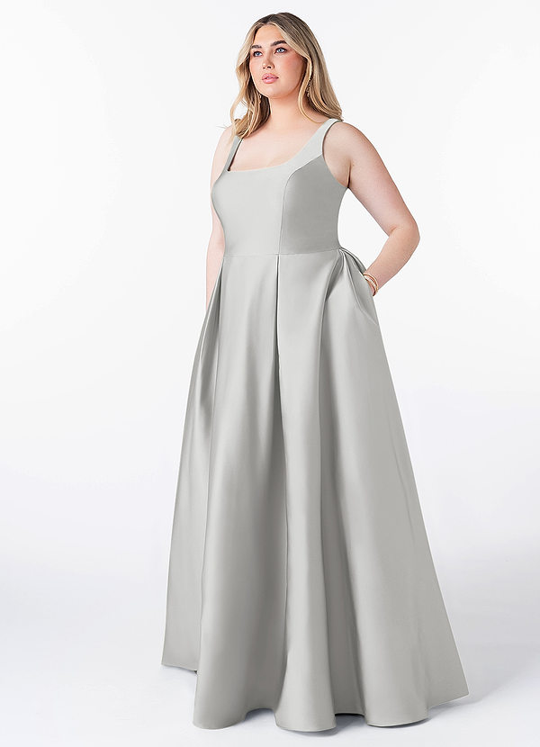 Azazie Neve Bruidsmeisjes Jurken Silver Ball-Gown with Pockets Stretch Satin Dress image1