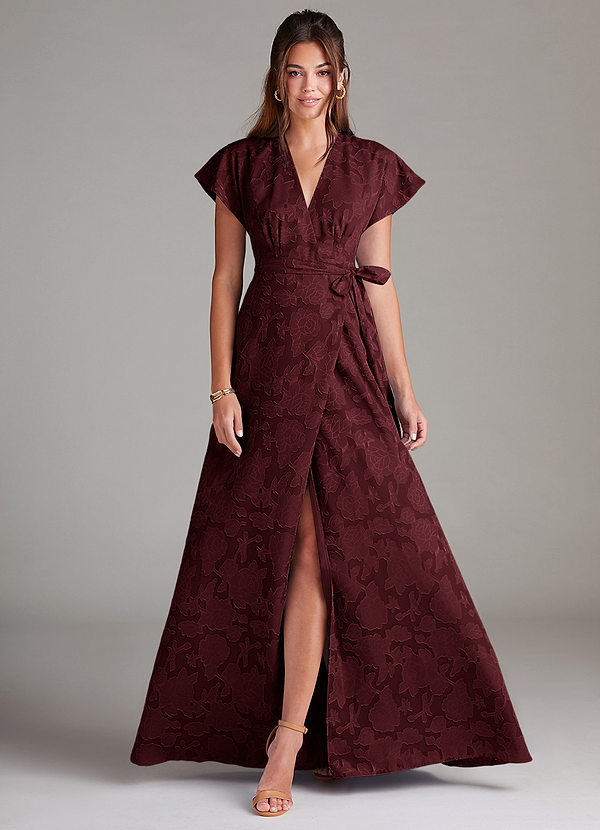Azazie Ling Vestidos Dama de Honor Vestido de Cabernet de Devorado Floral de Corte en A con Plisado image1