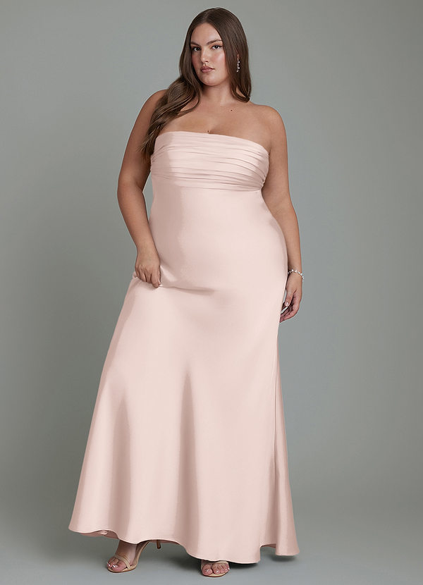 Azazie Saylor Vestidos de dama de honor Vestido Rosa Rubor de Satén Elástico de Corte Sirena con Palabra de honor image1