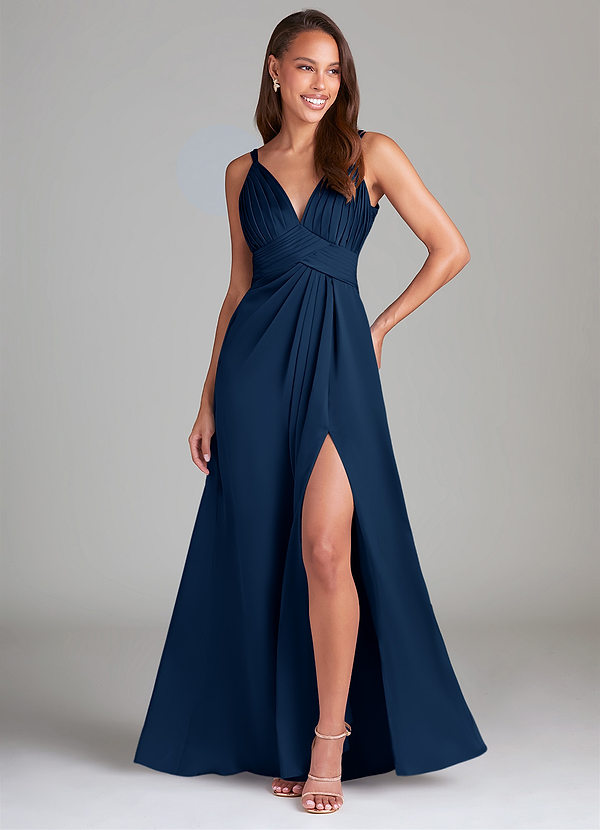 Azazie Maren Allure Bridesmaid Dresses Dark Navy A-Line Lace Stretch Satin Dress image1