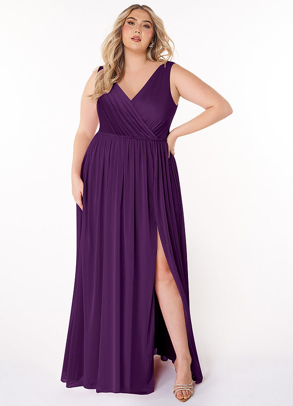 Azazie Tanicia Bridesmaid Dresses Grape A-Line V-Neck Pleated Mesh Dress image1