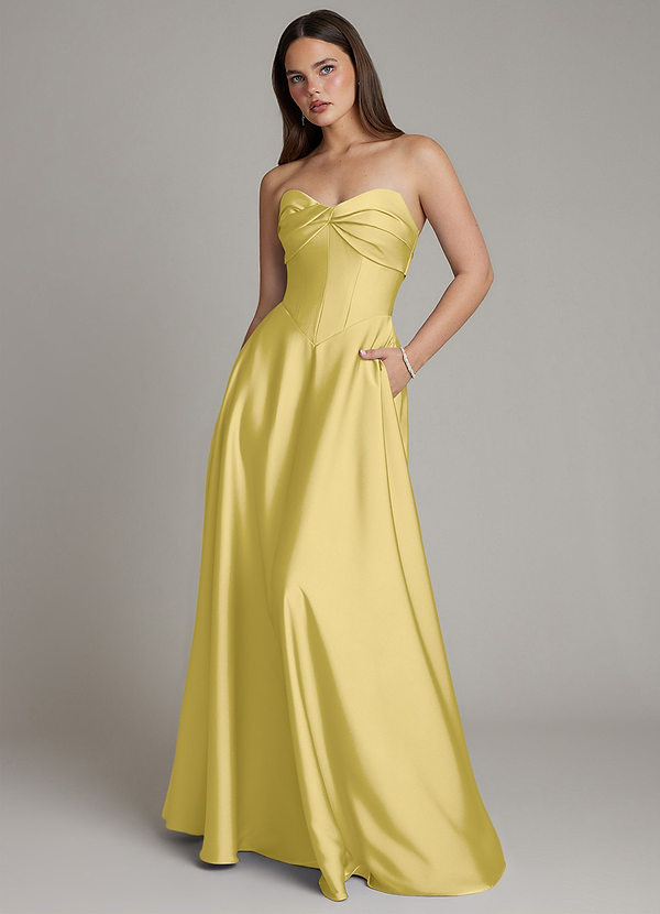 Azazie Meleena Bridesmaid Dresses Canary A-Line Strapless Stretch Satin Dress image1