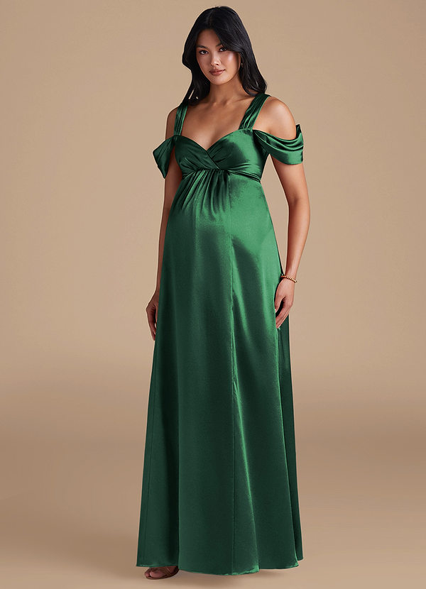 Azazie Rhea Maternity Bridesmaid Dresses A-Line Pleated Metallic Satin Floor-Length Dress image1