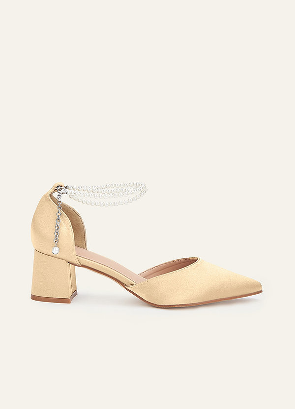 front Matching Color Metallic Satin Pearl Strap Pointed Toe Block Heels
