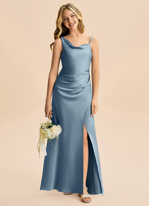 Azazie Abby Junior Robe Trapèze en Satin extensible Plissée Bleu Poussiéreux image1