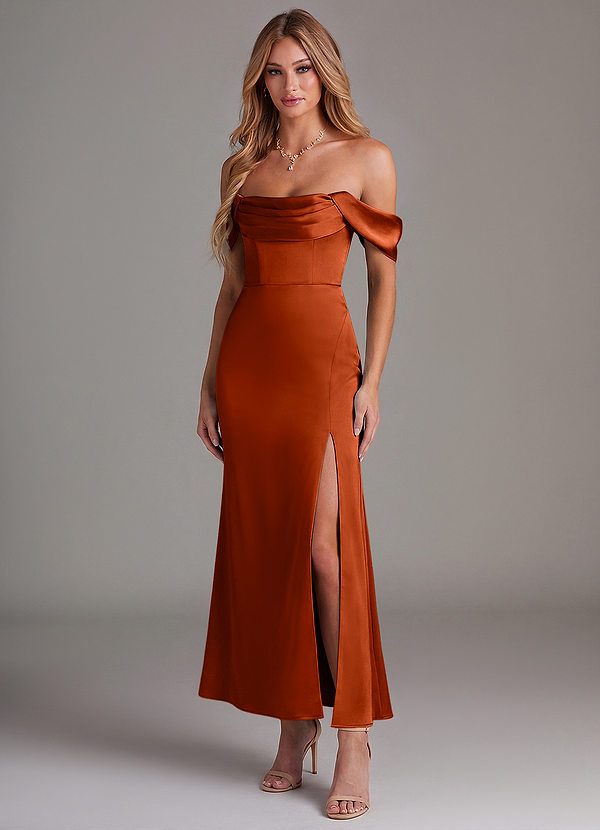 Azazie Saige Bridesmaid Dresses Paprika Mermaid Off the Shoulder Stretch Satin Dress image1