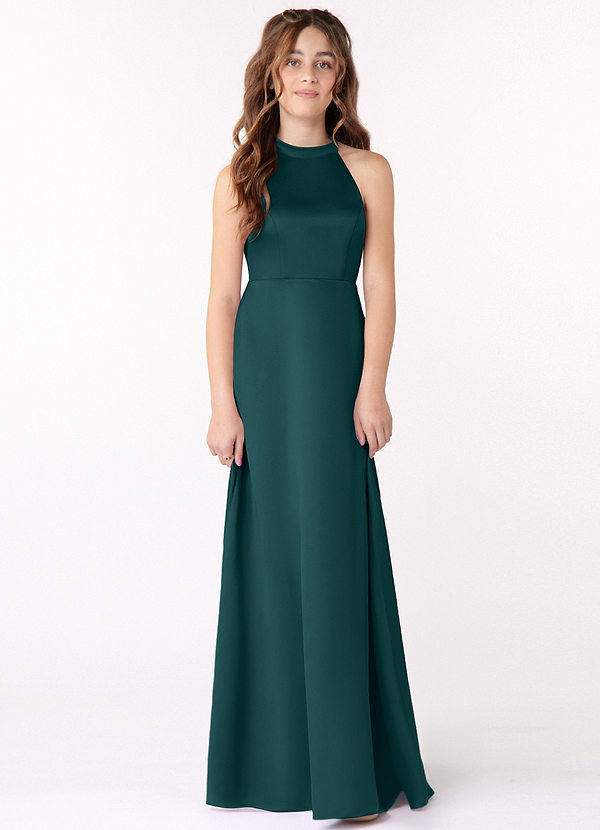 Azazie Laurel Junior Pine A-Line Stretch Satin Dress image1