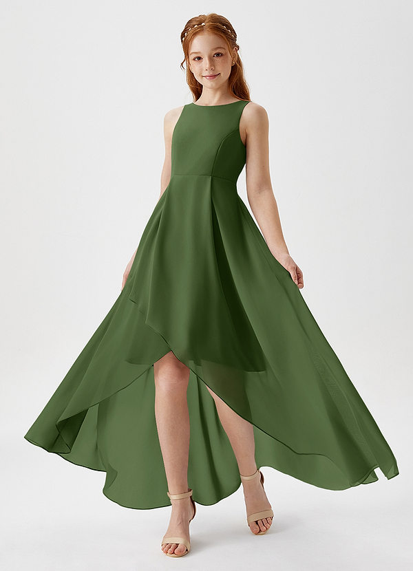 Azazie Lizette Junior Olive A-Line Pleated Chiffon Dress image1