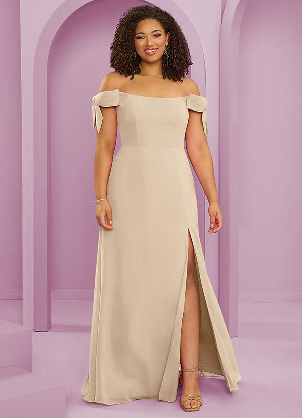 Barbie ♥ Azazie Bruidsmeisjes Jurken Converteerbaar Jurk van Chiffon met A-Lijn Off the Shoulder Champagne image1