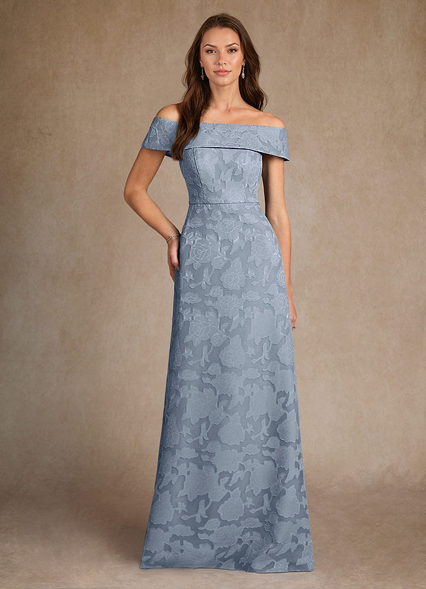Azazie Medford Mother of the Brides Dresses Dusty Blue A-Line Off the Shoulder Floral Burnout Dress image1